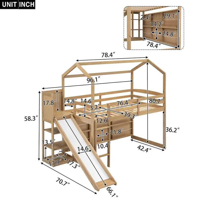 Lit mezzanine cabane en bois de taille double avec toboggan