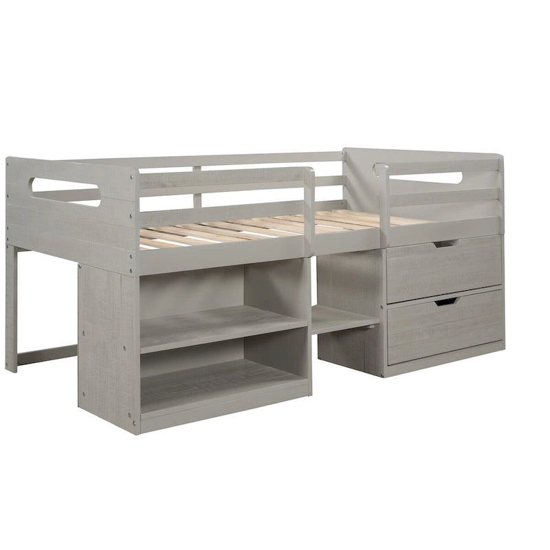 Lit mezzanine jumeau en bois massif avec deux étagères et deux tiroirs de rangement
