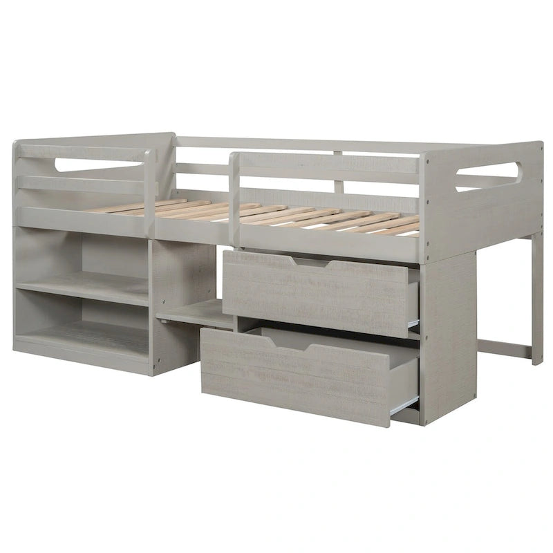 Lit mezzanine jumeau en bois massif avec deux étagères et deux tiroirs de rangement