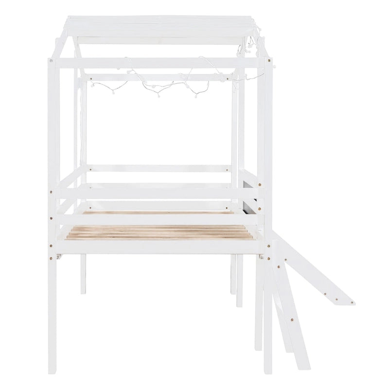 Lit mezzanine double avec échelle et toboggan, lit cabane avec tableau noir