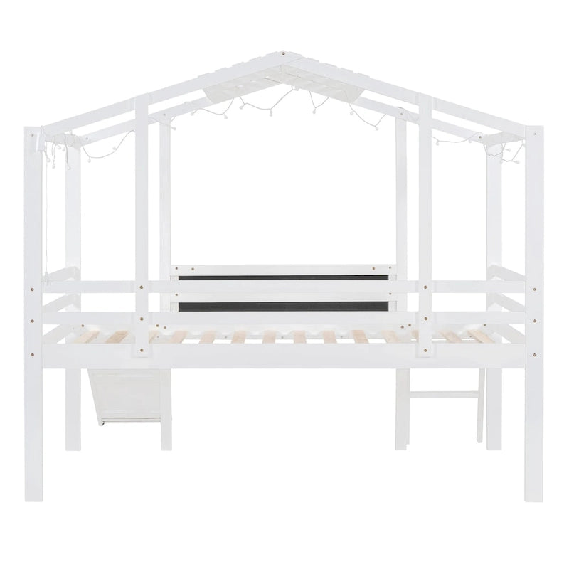 Lit mezzanine double avec échelle et toboggan, lit cabane avec tableau noir