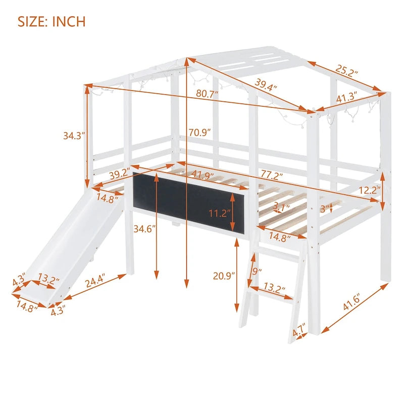 Lit mezzanine double avec échelle et toboggan, lit cabane avec tableau noir