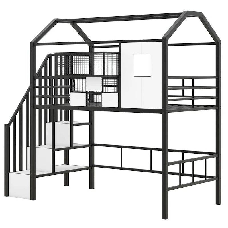 Lit mezzanine double en métal avec toit et coffre de rangement intégré