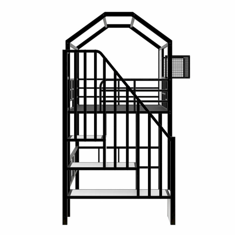Lit mezzanine double en métal avec toit et coffre de rangement intégré
