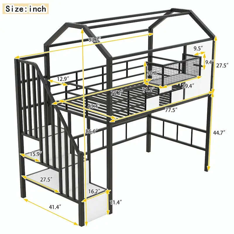 Lit mezzanine double en métal avec toit et coffre de rangement intégré