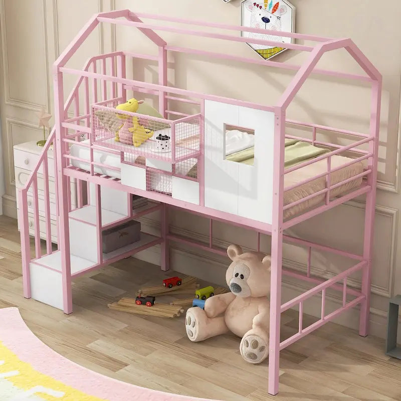 Lit mezzanine double en métal avec toit et coffre de rangement intégré