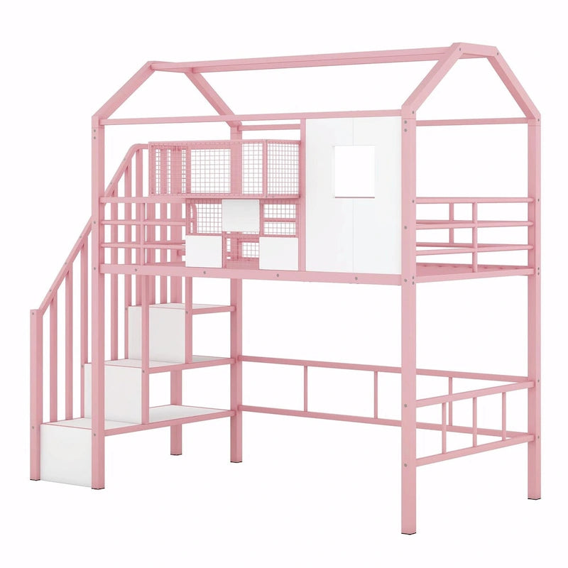 Lit mezzanine double en métal avec toit et coffre de rangement intégré