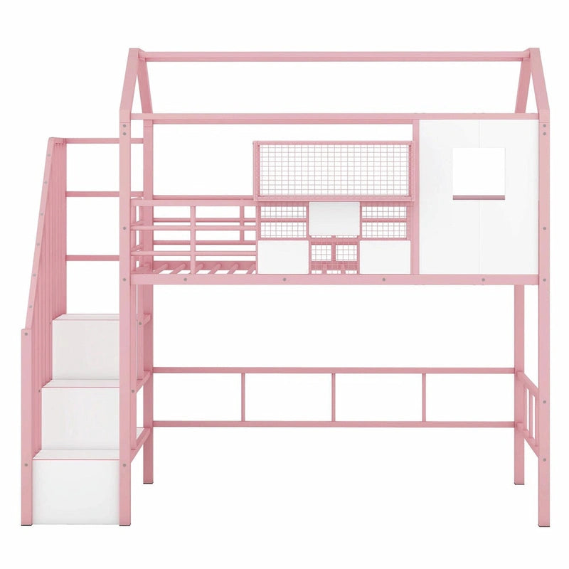 Lit mezzanine double en métal avec toit et coffre de rangement intégré