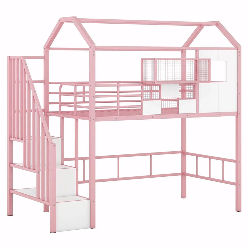 Lit mezzanine double en métal avec toit et coffre de rangement intégré
