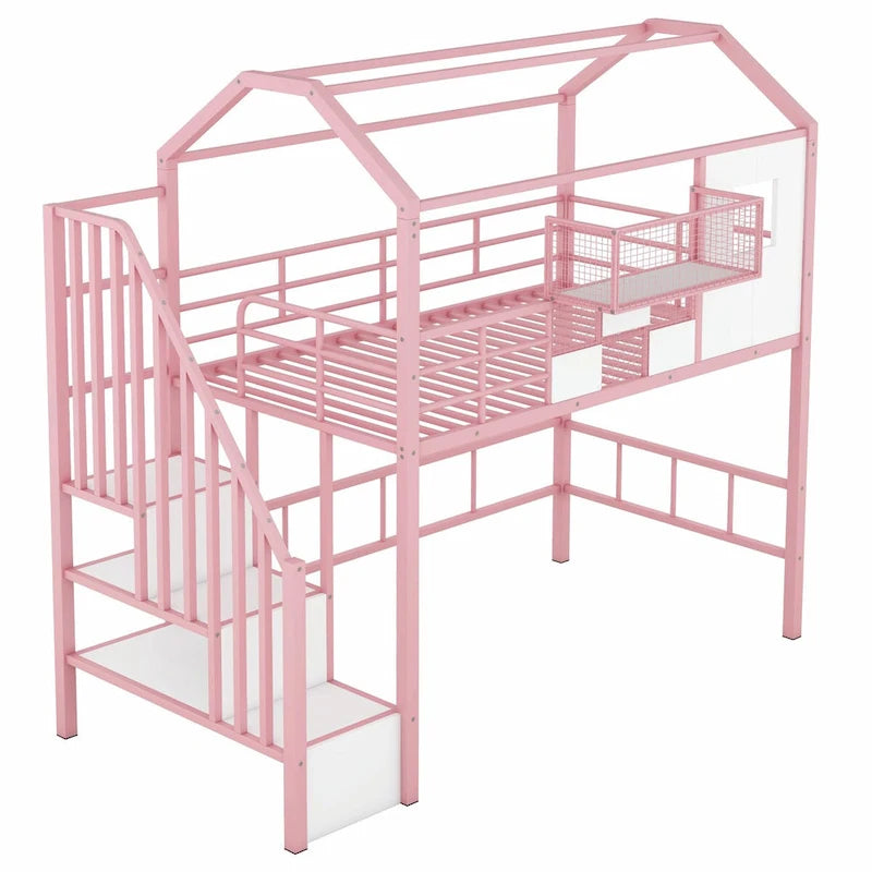 Lit mezzanine double en métal avec toit et coffre de rangement intégré