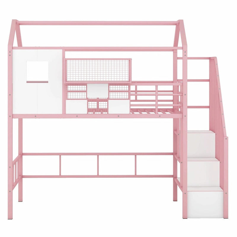 Lit mezzanine double en métal avec toit et coffre de rangement intégré
