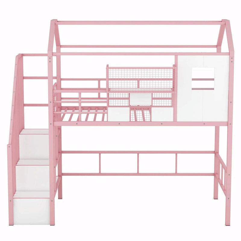 Lit mezzanine double en métal avec toit et coffre de rangement intégré