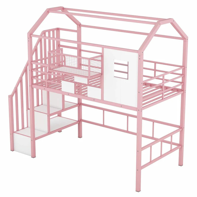 Lit mezzanine double en métal avec toit et coffre de rangement intégré