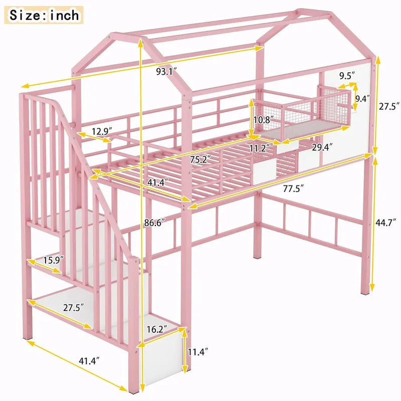Lit mezzanine double en métal avec toit et coffre de rangement intégré