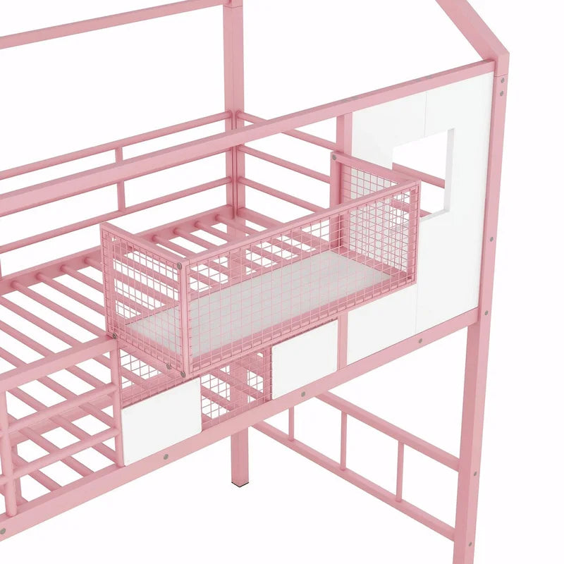 Lit mezzanine double en métal avec toit et coffre de rangement intégré