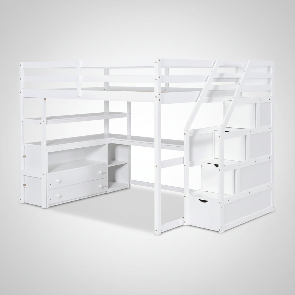 Loft Bed with Desk and Shelves, 2 Built-In Drawers, Storage Staircase