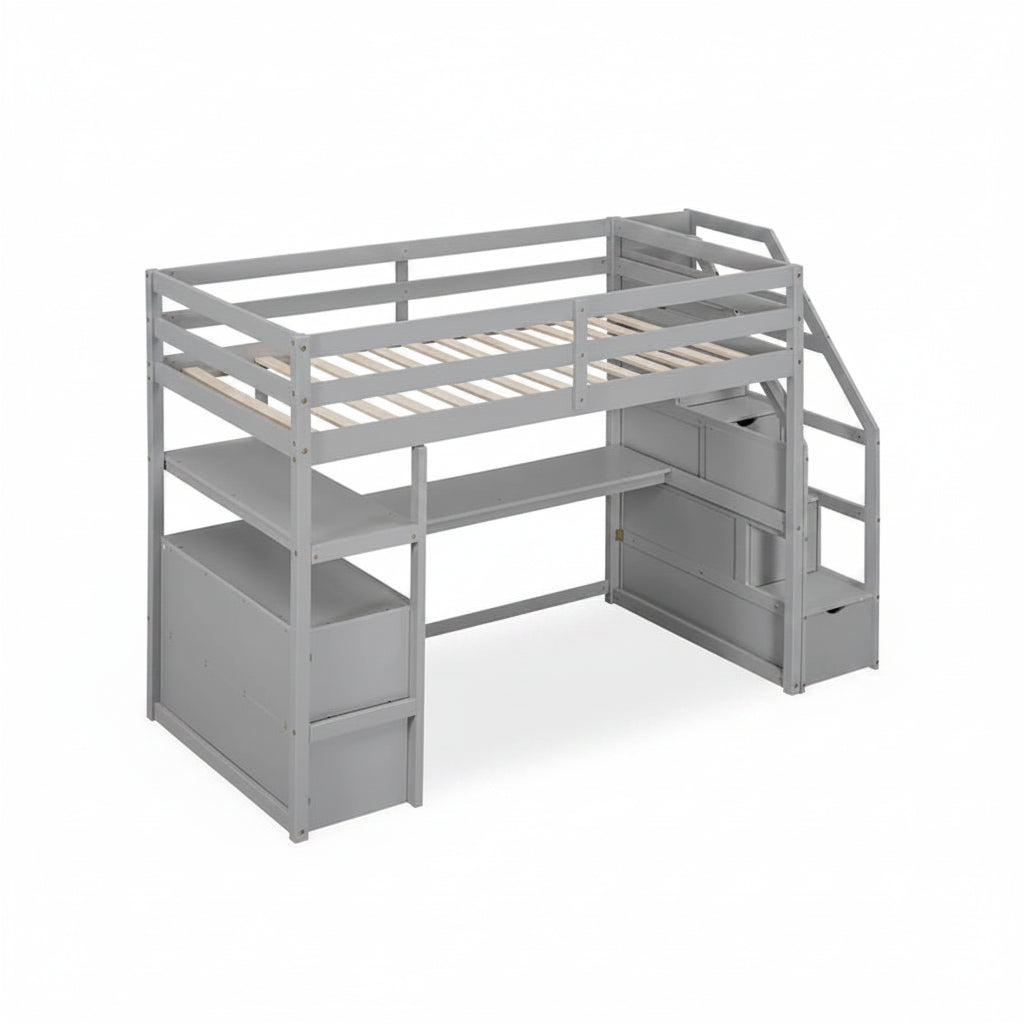 Lit mezzanine avec bureau et étagères, 2 tiroirs intégrés, escalier de rangement