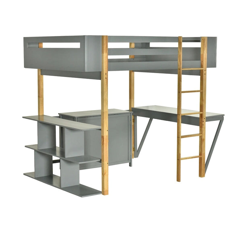 Lit mezzanine en bois pleine grandeur avec armoire et rangements