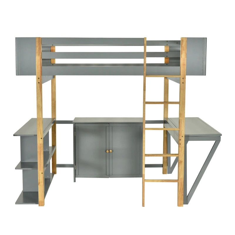 Lit mezzanine en bois pleine grandeur avec armoire et rangements