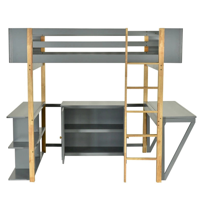 Lit mezzanine en bois pleine grandeur avec armoire et rangements