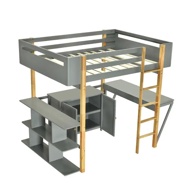 Lit mezzanine en bois pleine grandeur avec armoire et rangements