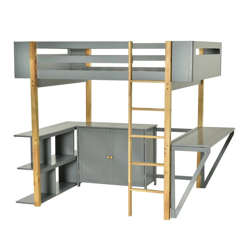 Lit mezzanine en bois pleine grandeur avec armoire et rangements