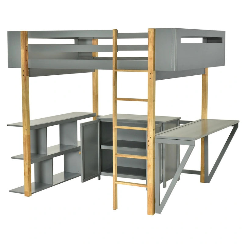 Lit mezzanine en bois pleine grandeur avec armoire et rangements
