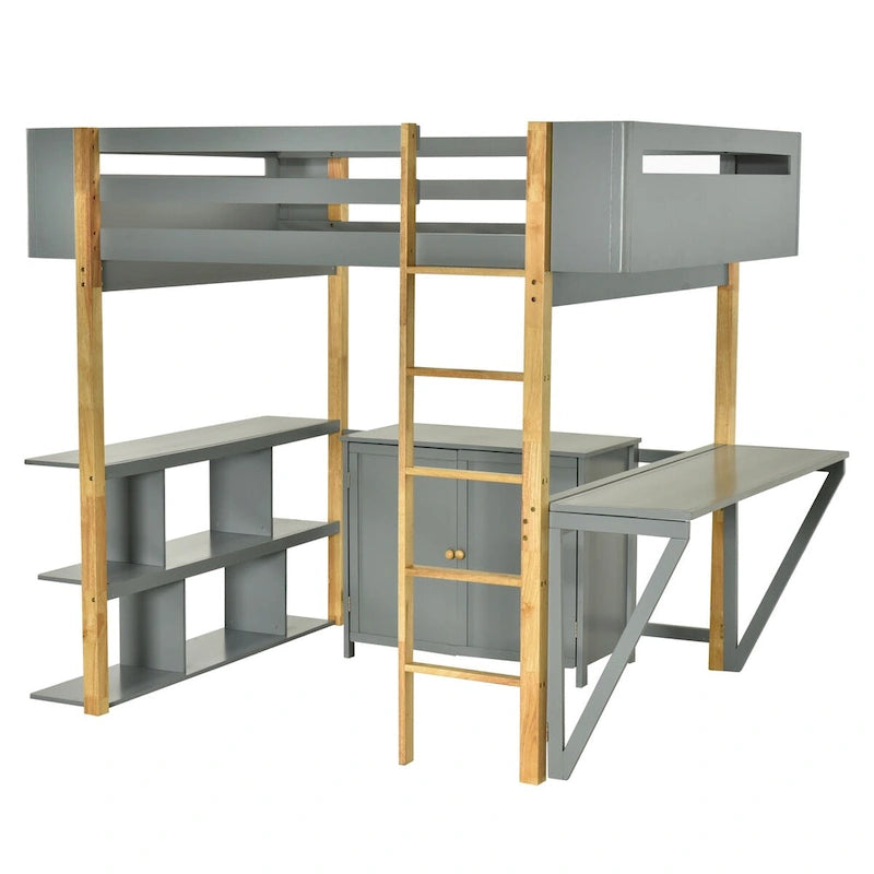 Lit mezzanine en bois pleine grandeur avec armoire et rangements
