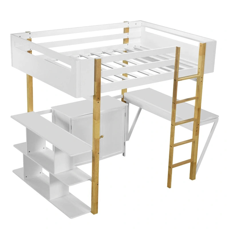 Lit mezzanine en bois pleine grandeur avec armoire et rangements