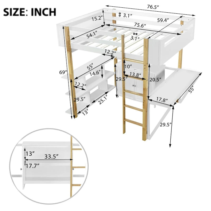 Lit mezzanine en bois pleine grandeur avec armoire et rangements