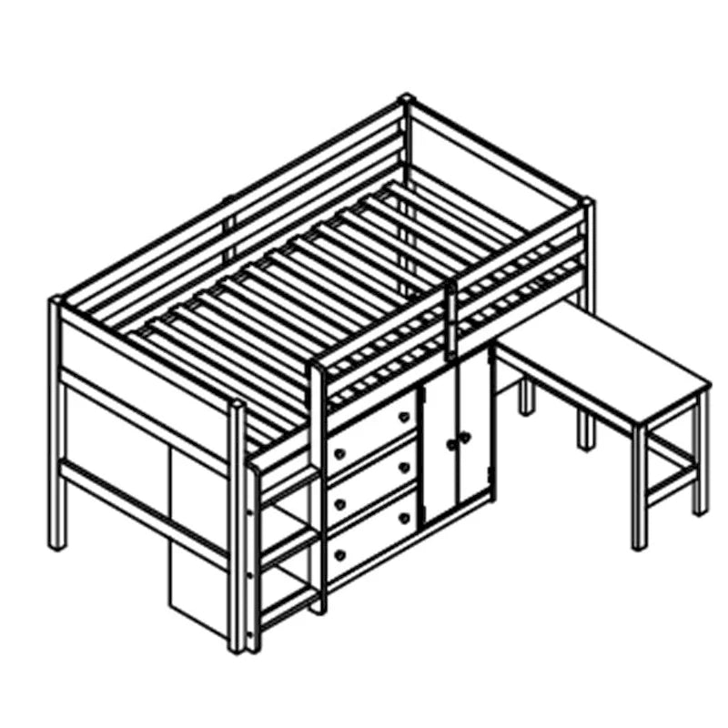 Lit mezzanine double en bois avec bureau coulissant, armoire et étagères