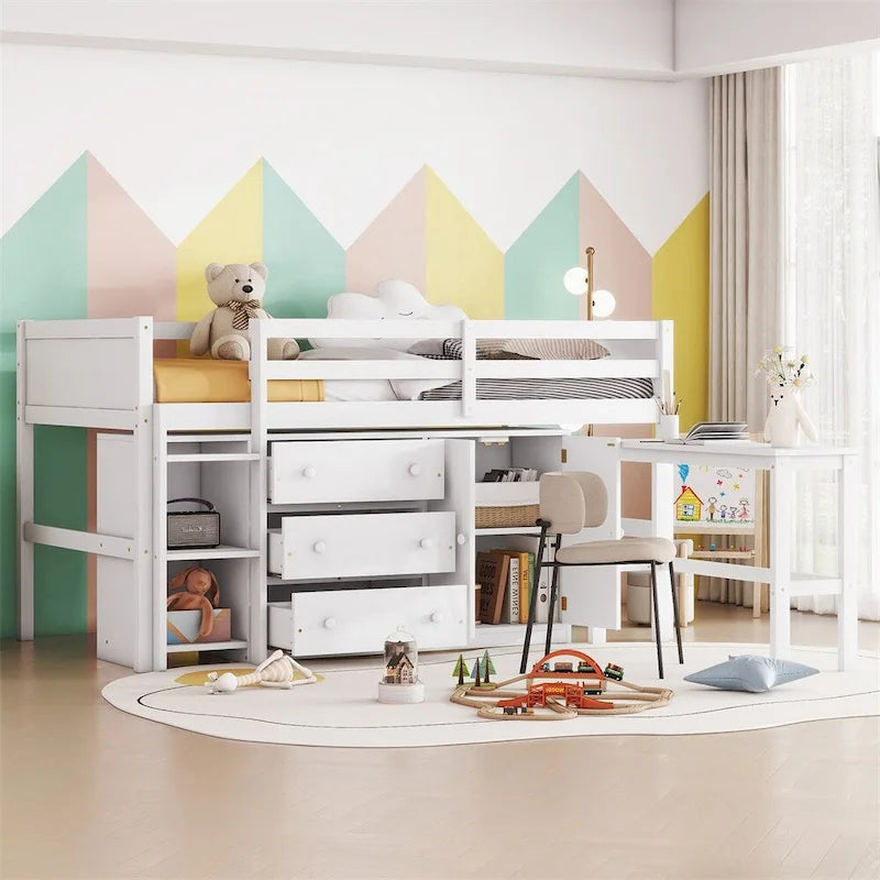 Lit mezzanine double en bois avec bureau coulissant, armoire et étagères