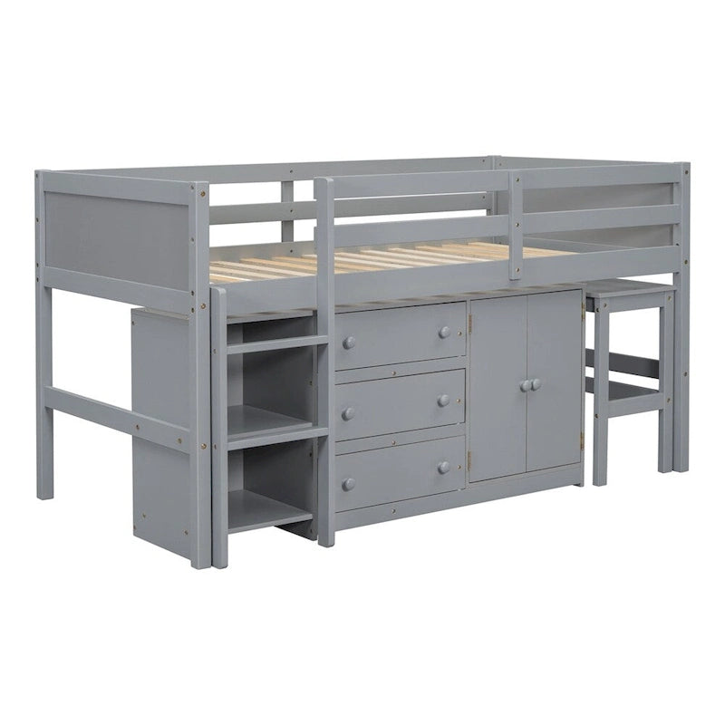 Lit mezzanine double en bois avec bureau coulissant, armoire et étagères