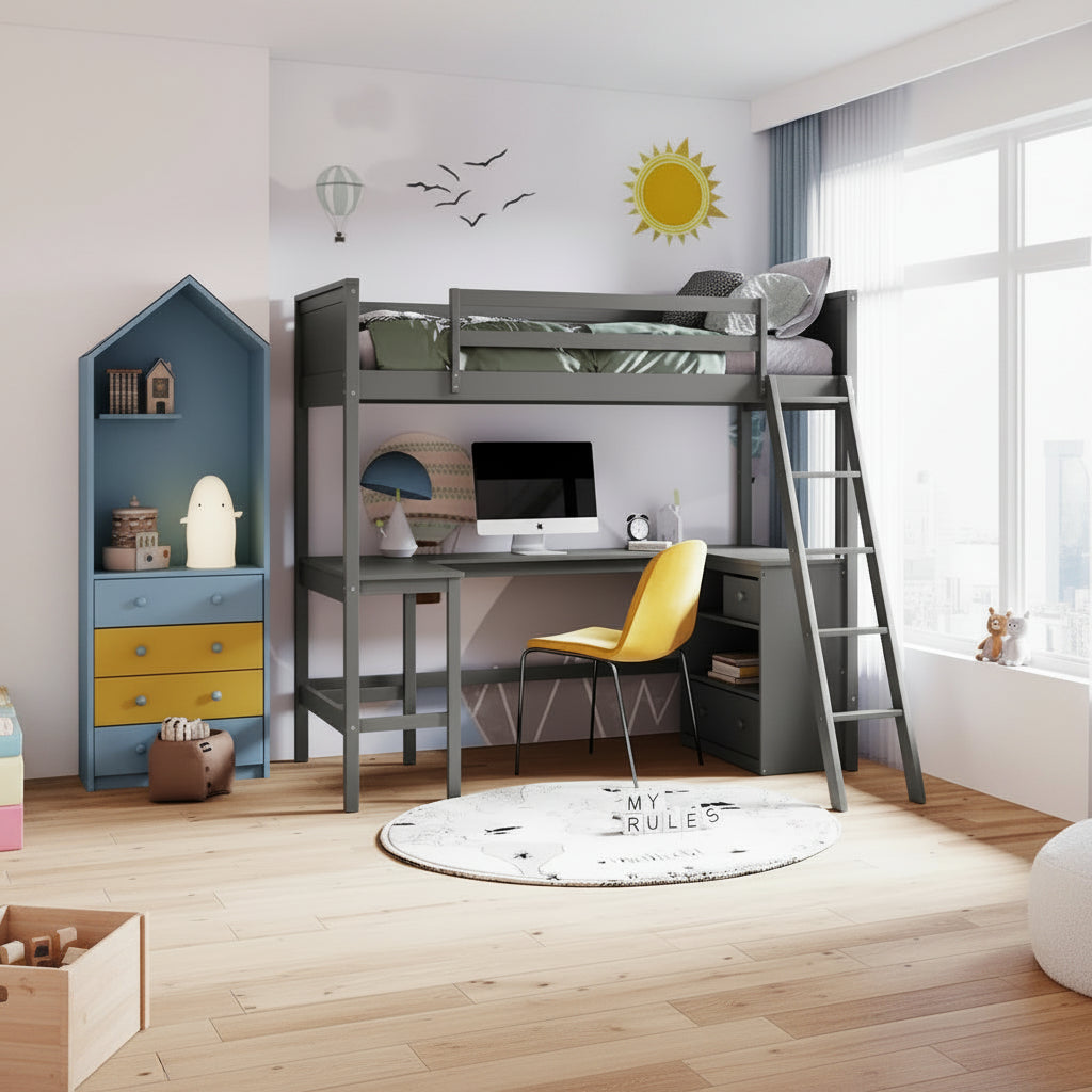 Lit superposé simple avec étagères et bureau pour enfants, adolescents et adultes, cadre de lit superposé en bois avec échelle inclinée et garde-corps de sécurité