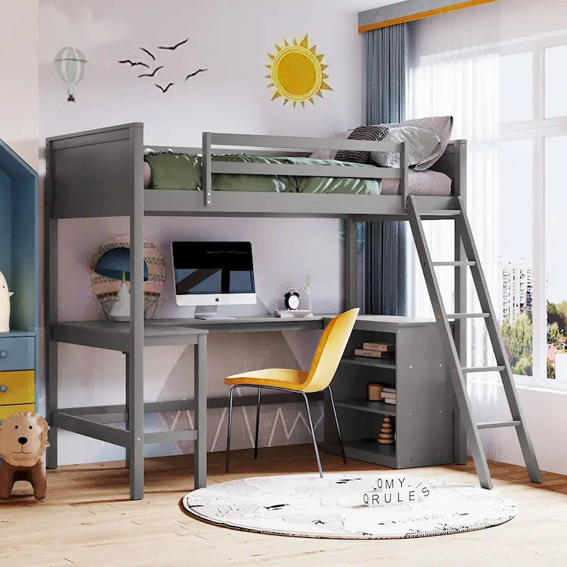 Lit superposé simple avec étagères et bureau pour enfants, adolescents et adultes, cadre de lit superposé en bois avec échelle inclinée et garde-corps de sécurité