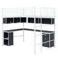 Full Size Metal Loft Bed with Bookcase, Built in Desk and Cabinet