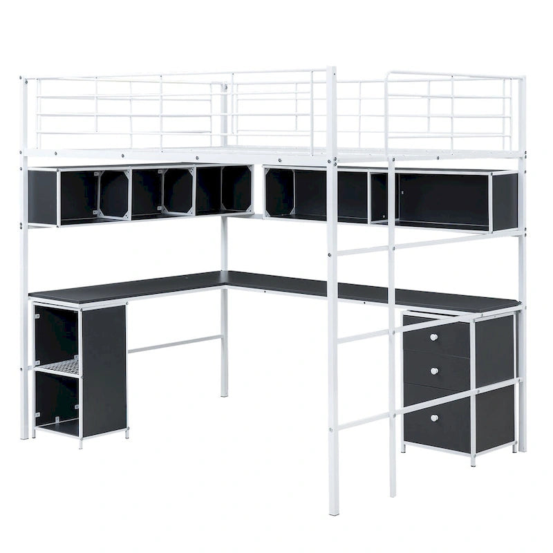Full Size Metal Loft Bed with Bookcase, Built in Desk and Cabinet