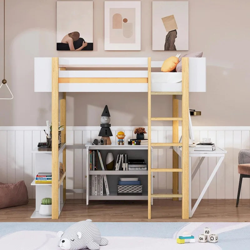 Lit mezzanine en bois avec armoire de rangement intégrée, compartiments et bureau pliable
