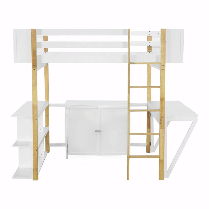 Lit mezzanine en bois avec armoire de rangement intégrée, compartiments et bureau pliable