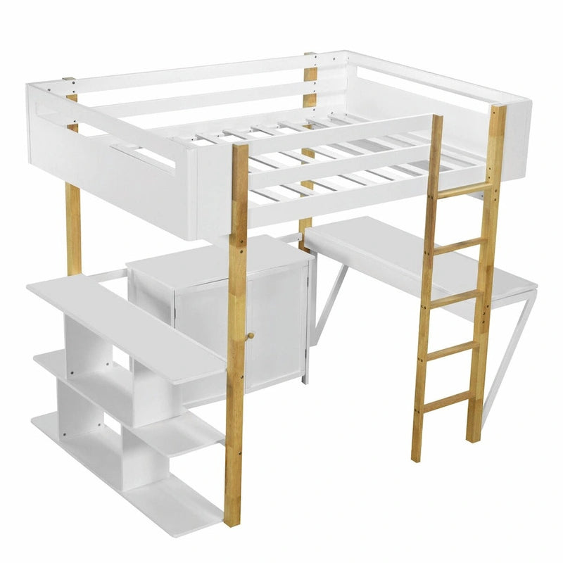 Lit mezzanine en bois avec armoire de rangement intégrée, compartiments et bureau pliable