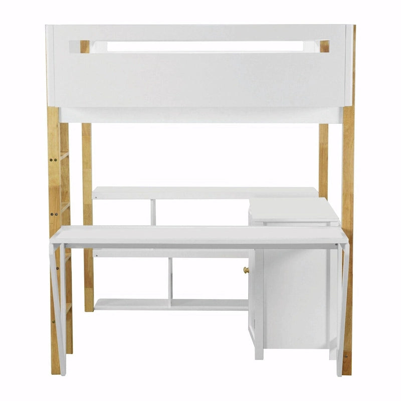 Lit mezzanine en bois avec armoire de rangement intégrée, compartiments et bureau pliable