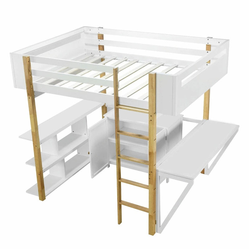 Lit mezzanine en bois avec armoire de rangement intégrée, compartiments et bureau pliable