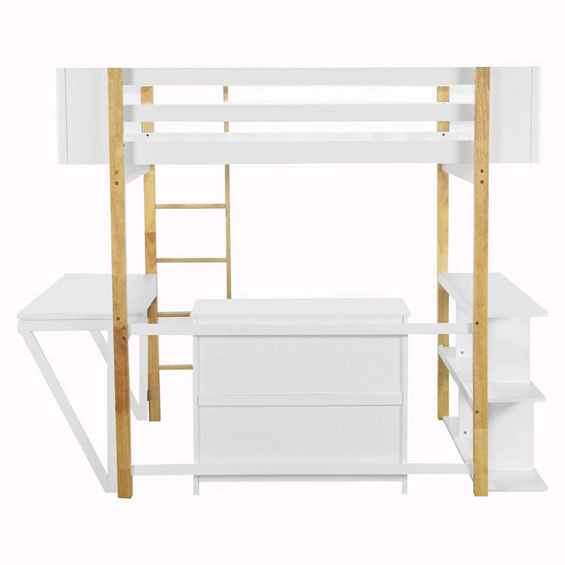 Lit mezzanine en bois avec armoire de rangement intégrée, compartiments et bureau pliable