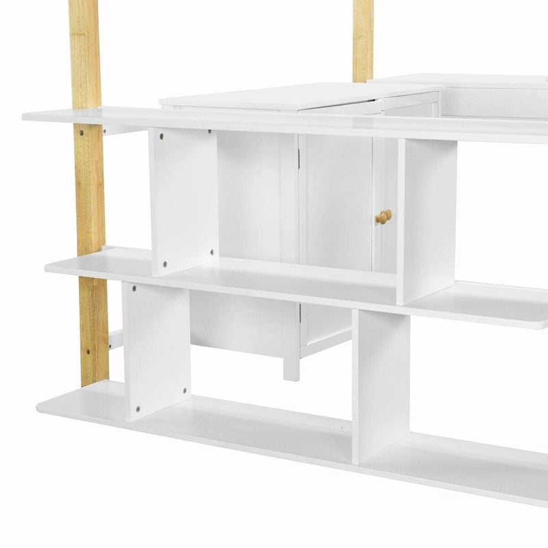 Lit mezzanine en bois avec armoire de rangement intégrée, compartiments et bureau pliable