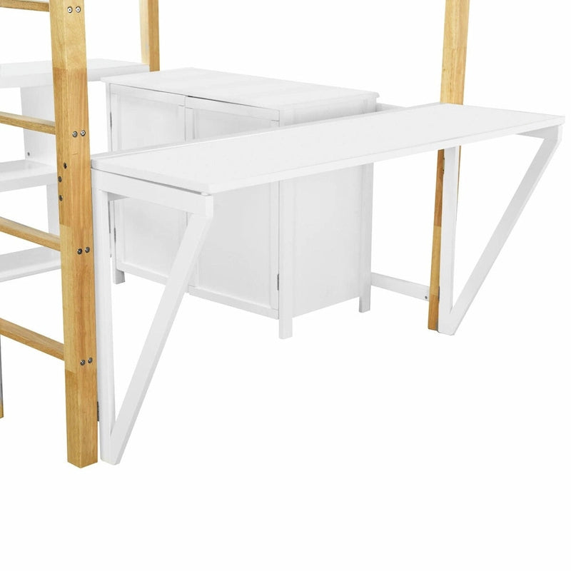 Lit mezzanine en bois avec armoire de rangement intégrée, compartiments et bureau pliable