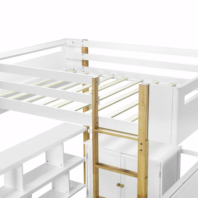 Lit mezzanine en bois avec armoire de rangement intégrée, compartiments et bureau pliable