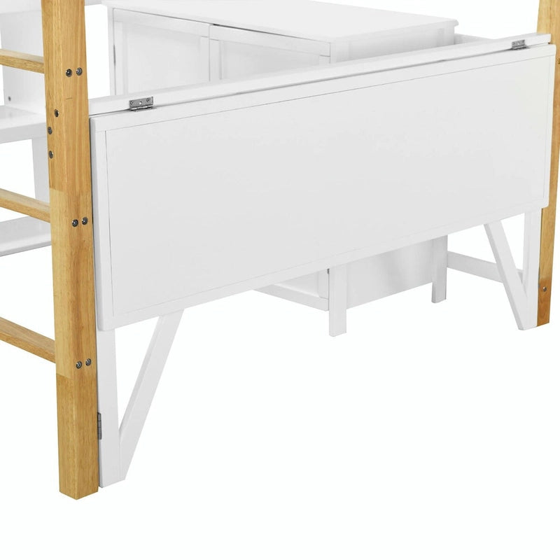 Lit mezzanine en bois avec armoire de rangement intégrée, compartiments et bureau pliable