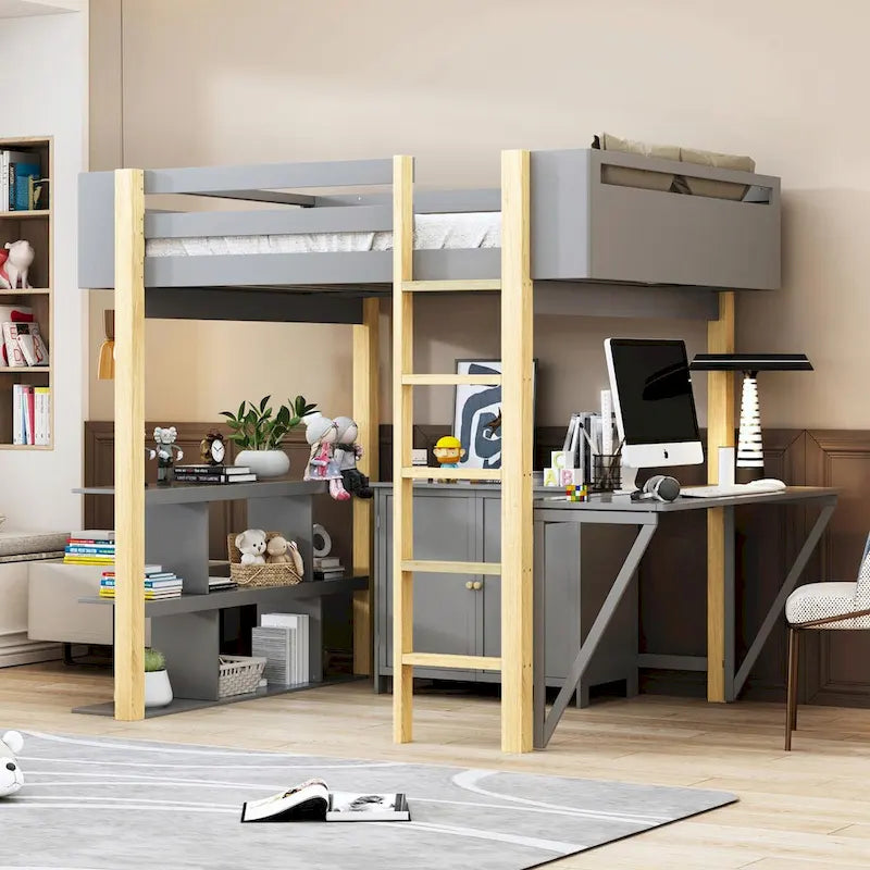 Lit mezzanine en bois avec armoire de rangement intégrée, compartiments et bureau pliable
