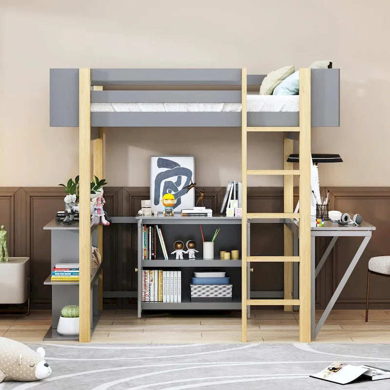 Lit mezzanine en bois avec armoire de rangement intégrée, compartiments et bureau pliable