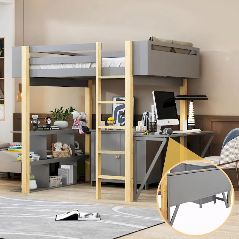 Lit mezzanine en bois avec armoire de rangement intégrée, compartiments et bureau pliable